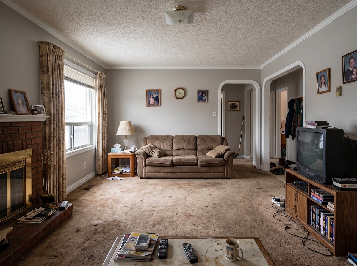 Living room after professional painting: fresh dove-gray walls and crisp white trim