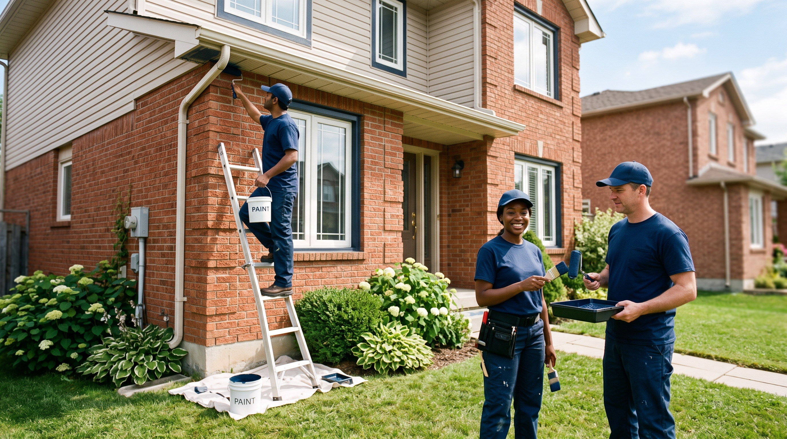 Brampton's Best Painters crew painting the exterior trim of a brick home in the GTA on a sunny afternoon